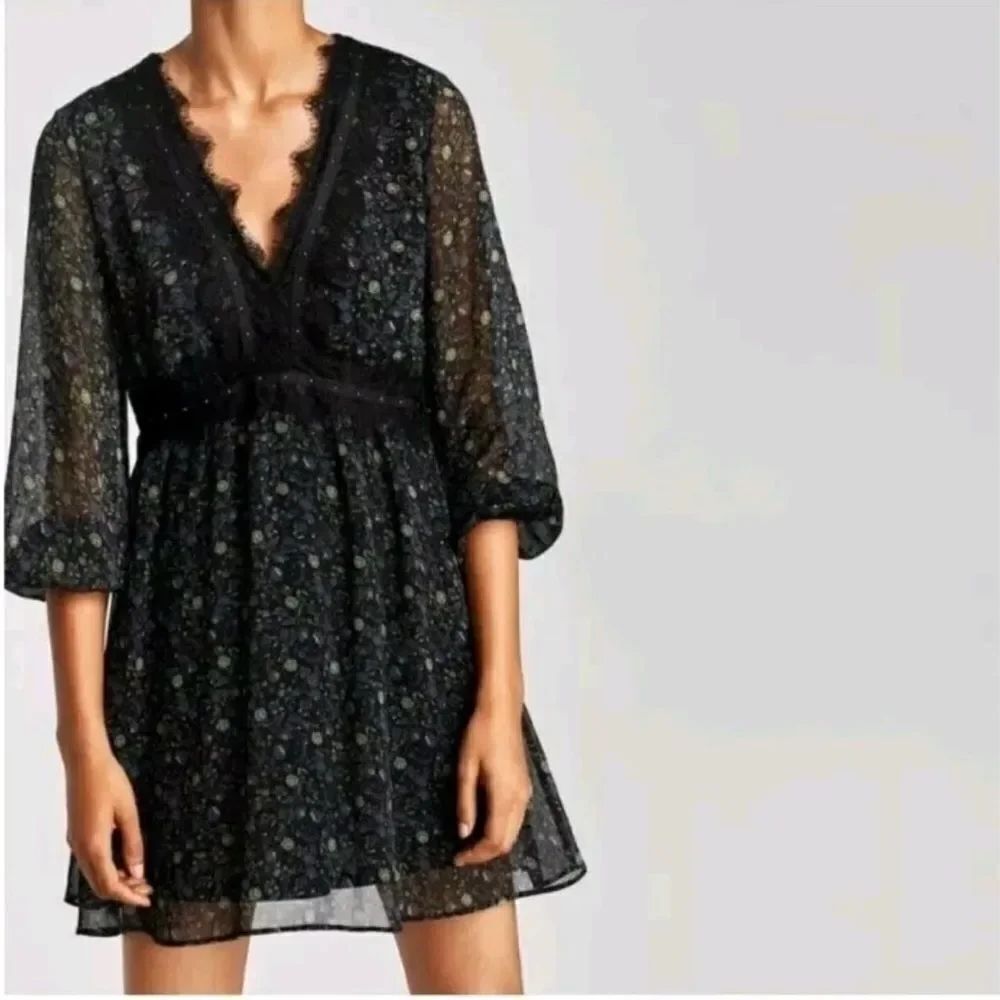 Zara XS Floral Lace V Neck Long Sleeve Mini Dress